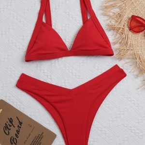 SHEIN Rib Triangle High Cut Bikini Swimsuit